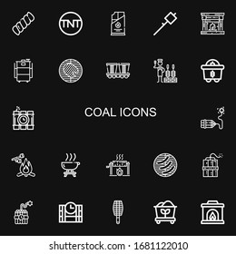 Editable 22 iconos de carbón para web y móvil. Conjunto de carbón incluido íconos línea Marshmallow, Tnt, Carbón, Chimenea, Barbacoa, Mina, Churrasco, Minería, Dinamita, Dinamita sobre fondo negro