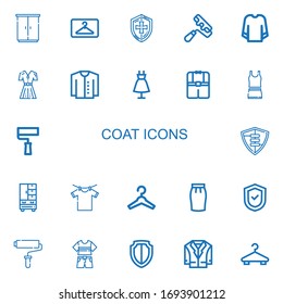 Editable 22 coat icons for web and mobile. Set of coat included icons line Wardrobe, Hanger, Shield, Paint roller, Sweatshirt, Fashion, Cardigan, Clothes, Clothes hanger on white background