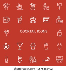 Editable 22 cocktail icons for web and mobile. Set of cocktail included icons line Christmas party, Tea, Cocktail, Drink, Smoothie, Toast, Bar, Whiskey, Sand bucket on red background
