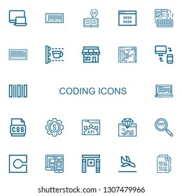 Editable 22 coding icons for web and mobile. Set of coding included icons line Responsive, Barcode, Coding, Binary code, Wireframe, Scan, Market, Clean code on white background