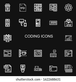 Editable 22 coding icons for web and mobile. Set of coding included icons line Market, Keyword, Domain, Responsive, Development, Coding, Landing page, Barcode on black background