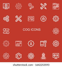 Editable 22 cog icons for web and mobile. Set of cog included icons line Settings, Setting, Gear, Configuration, Cogwheel, Engineer on red background