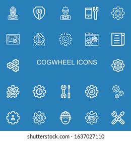 Editable 22 cogwheel icons for web and mobile. Set of cogwheel included icons line Engineer, Settings, Configuration, Gear, Setting, Draft, Cogwheel, Engineering on blue background
