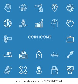 Editable 22 coin icons for web and mobile. Set of coin included icons line Earnings, Money, Money bag, Dollar, Coin, Performance, Piggy bank, Cash, Purse, Leprechaun shoe on blue background