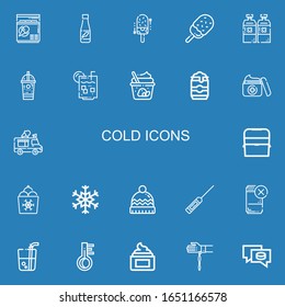 Editable 22 cold icons for web and mobile. Set of cold included icons line Freezer, Drink, Ice cream, Alcoholic drink, Ice coffee, Lemon juice, Beer can, Cream on blue background
