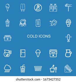 Editable 22 cold icons for web and mobile. Set of cold included icons line Ice cream cone, Popsicle, No liquids, Alcoholic drink, Handkerchief, Ice coffee, Washing on blue background
