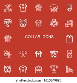 Editable 22 collar icons for web and mobile. Set of collar included icons line Veterinarian, Shirt, Hamster ball, Juventus, Collar, Cat, Dog house, Pet on red background