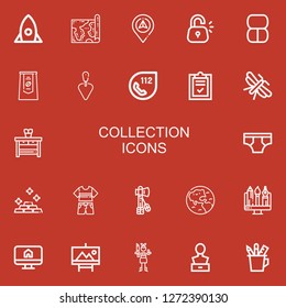 Editable 22 collection icons for web and mobile. Set of collection included icons line Startup, Map, Navigation, Lock, Makeup, Pack, Trowel, , List, Moth, Nightstand on red background