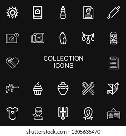 Editable 22 collection icons for web and mobile. Set of collection included icons line Explosion, House, Bottle, Vase, Rolling pin, Photo, Ice cream, Cactus on black background