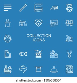 Editable 22 collection icons for web and mobile. Set of collection included icons line Align left, Makeup, Brush, Caravan, Teddy bear, Magic, Cream, Baby, Jpg on blue background