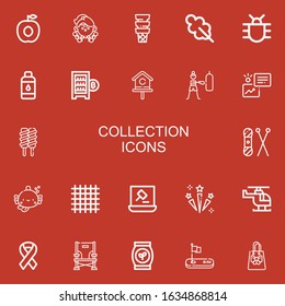 Editable 22 collection icons for web and mobile. Set of collection included icons line Apricot, Fitness, Ice cream, Oak leaf, Bug, Contact lens, Digital currency on red background