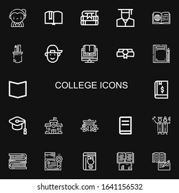Editable 22 college icons for web and mobile. Set of college included icons line Teacher, Book, Books, Graduate, Pencil case, Boy, Diploma, Mortarboard, School on black background
