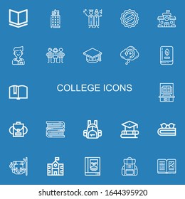 Editable 22 college icons for web and mobile. Set of college included icons line Book, Pencil case, Graduation, Cap, School, Student, Students, Mortarboard on blue background