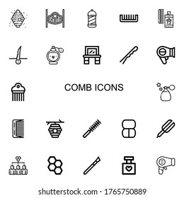 Editable 22 comb icons for web and mobile. Set of comb included icons line Beehive, Saloon, Barbershop, Comb, Perfume, Hair, Vanity, Hairpin, Hairdryer, Makeup on white background