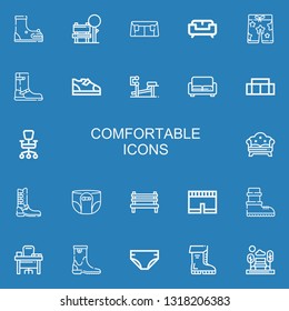Editable 22 comfortable icons for web and mobile. Set of comfortable included icons line Boot, Bench, Sofa, Shorts, Boots, Office chair, Diaper, Short, Desk on blue background