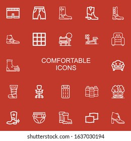 Editable 22 comfortable icons for web and mobile. Set of comfortable included icons line Short, Shorts, Boot, Boots, Blanket, Bench, Armchair, Sofa, Office chair on red background