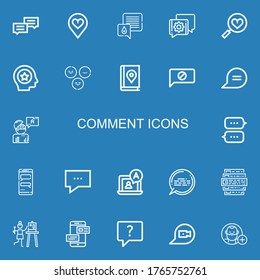 Editable 22 comment icons for web and mobile. Set of comment included icons line Chat, Favorite, Favorites, Satisfaction, Map book, Answer, Feedback, Follow on blue background