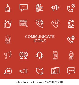 Editable 22 communicate icons for web and mobile. Set of communicate included icons line Tower, Chat, Speech, Megaphone, Phone call, Thumbs up, Blog, Call, Call center on red background