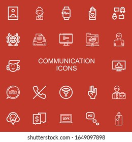 Editable 22 communication icons for web and mobile. Set of communication included icons line Influencer, Call center, Smartwatch, Hand, Talk, Global, Email, Monitor on red background