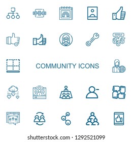 Editable 22 community icons for web and mobile. Set of community included icons line Structure, Work table, Pride, Influencer, Thumbs up, Like, Customer, Wrench on white background