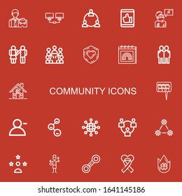 Editable 22 community icons for web and mobile. Set of community included icons line Employee, Network, Like, Answer, Equality, Meeting, Charity, Pride, Hugging on red background