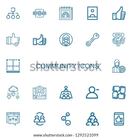 Editable 22 community icons for web and mobile. Set of community included icons line Structure, Work table, Pride, Influencer, Thumbs up, Like, Customer, Wrench on white background