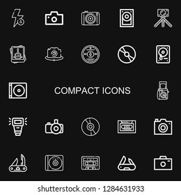 Editable 22 compact icons for web and mobile. Set of compact included icons line Auto flash, Photo camera, Photography, Hard disk, Cd, Hard drive, Dvd, Camera flash on black background