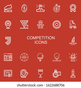 Editable 22 competition icons for web and mobile. Set of competition included icons line Trophy, Rugby ball, Podium, Stopwatch, Prize, Target, Snooker, Basketball on red background