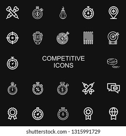 Editable 22 competitive icons for web and mobile. Set of competitive included icons line Darts, Stopwatch, Punching ball, Target, Sticks, Puck, Prize, Stopclock on black background