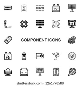 Editable 22 component icons for web and mobile. Set of component included icons line Ram, Battery, Solar panel, Cpu, Processor, Wind turbine, Crank arm on white background