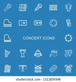 Editable 22 concert icons for web and mobile. Set of concert included icons line Microphone, Ticket, Guitar, Piano, Coupon, Tambourine, Harp, Kettledrum, Punk on blue background