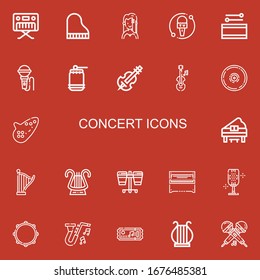Editable 22 concert icons for web and mobile. Set of concert included icons line Piano, Singer, Microphone, Drum, Violin, Cymbal, Ocarina, Harp, Lyre, Tambourine on red background