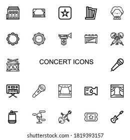 Editable 22 concert icons for web and mobile. Set of concert included icons line Philharmonic, Stage, Itunes, Harp, Musician, Tambourine, Trumpet, Marimba on white background