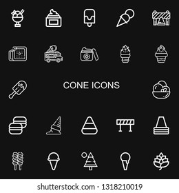 Editable 22 cone icons for web and mobile. Set of cone included icons line Ice cream, Cream, Popsicle, Barrier, Ice cream truck, Macaron, Candy corn, Barricade on black background