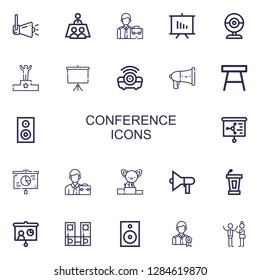 Editable 22 conference icons for web and mobile. Set of conference included icons line Speaker, Meeting, Employee, Presentation, Webcam, Podium, Projector screen on white background