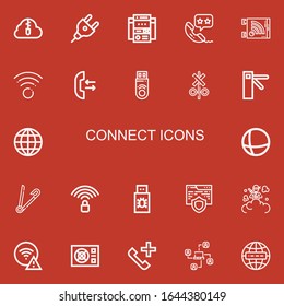 Editable 22 connect icons for web and mobile. Set of connect included icons line Zip cloud, Plug, Web site, Phone call, Wifi, Call, Pendrive, Signal, Access on red background