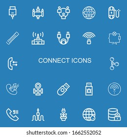 Bearbeitbare 22 Verbindungssymbole für Web und Mobile. Set der Verbindung enthält die Symbole der Linie Hdmi, Signal, Netzwerk, Internet, Kabel, Kabel, Kabel, Wifi-Signal, Kabel, Anruf auf blauem Hintergrund