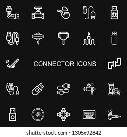 Editable 22 connector icons for web and mobile. Set of connector included icons line Pipe, Usb cable, Usb, Cymbal, Cable, Pipes, Jack connector, Vga on black background