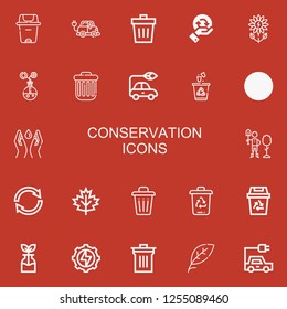 Editable 22 conservation icons for web and mobile. Set of conservation included icons line Trash can, Electric car, Trash, Recycling, Green power, Energy, Save water on red background