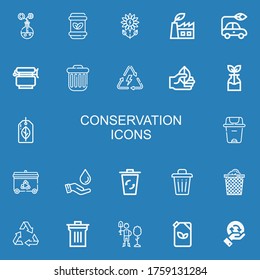 Editable 22 conservation icons for web and mobile. Set of conservation included icons line Energy, Waste, Green power, Electric car, Jar, Trash, Leaf, Reuse on blue background
