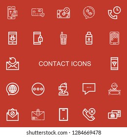 Editable 22 contact icons for web and mobile. Set of contact included icons line Phone, Card, Smartphone, Phone call, Support, Walkie talkie, Contact lens, Mail on red background