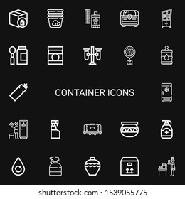 Editable 22 container icons for web and mobile. Set of container included icons line Package, Container, Perfume, Chest, Shelf, Baby food, Test tubes, Logistics on black background