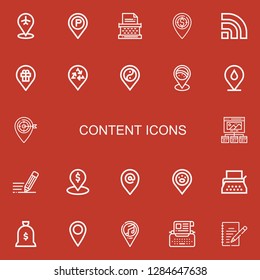 Editable 22 content icons for web and mobile. Set of content included icons line Placeholder, Typewriter, Rss, Wireframe, Write, Money bag, Writing on red background