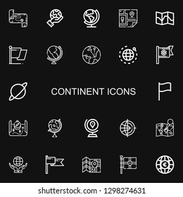 Editable 22 continent icons for web and mobile. Set of continent included icons line Map, Planet earth, Earth, Flag, Globe, World, Planet on black background