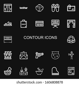 Editable 22 contour icons for web and mobile. Set of contour included icons line Curtains, Brother, Bowl, Sandals, Envelope, Hip flask, Key card, Piano, Sphere on black background