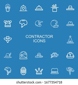 Editable 22 contractor icons for web and mobile. Set of contractor included icons line Helmet, Hat on blue background