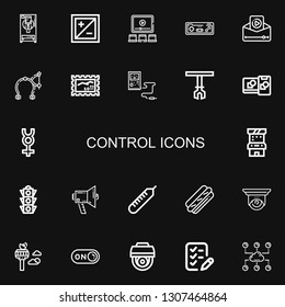 Editable 22 control icons for web and mobile. Set of control included icons line Freezer, Exposure, Video, Joystick, Brake, Stamp, Thermometer, Robotic arm on black background