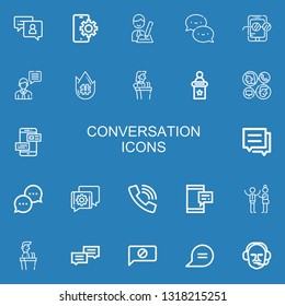 Editable 22 conversation icons for web and mobile. Set of conversation included icons line Chat, Mobile, Interview, Trending topic, Speech, Communication, Conversation on blue background