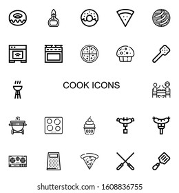 Editable 22 cook icons for web and mobile. Set of cook included icons line Donut, Burner, Pizza, Barbecue, Oven, Muffin, Slotted spoon, Bbq, Restaurant, Grill on white background