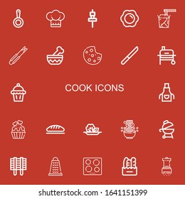 Editable 22 cook icons for web and mobile. Set of cook included icons line Pan, Chef, Skewer, Fried egg, Noodles, Tongs, Bowl, Cookie, Knife, Grill, Muffin, Apron on red background